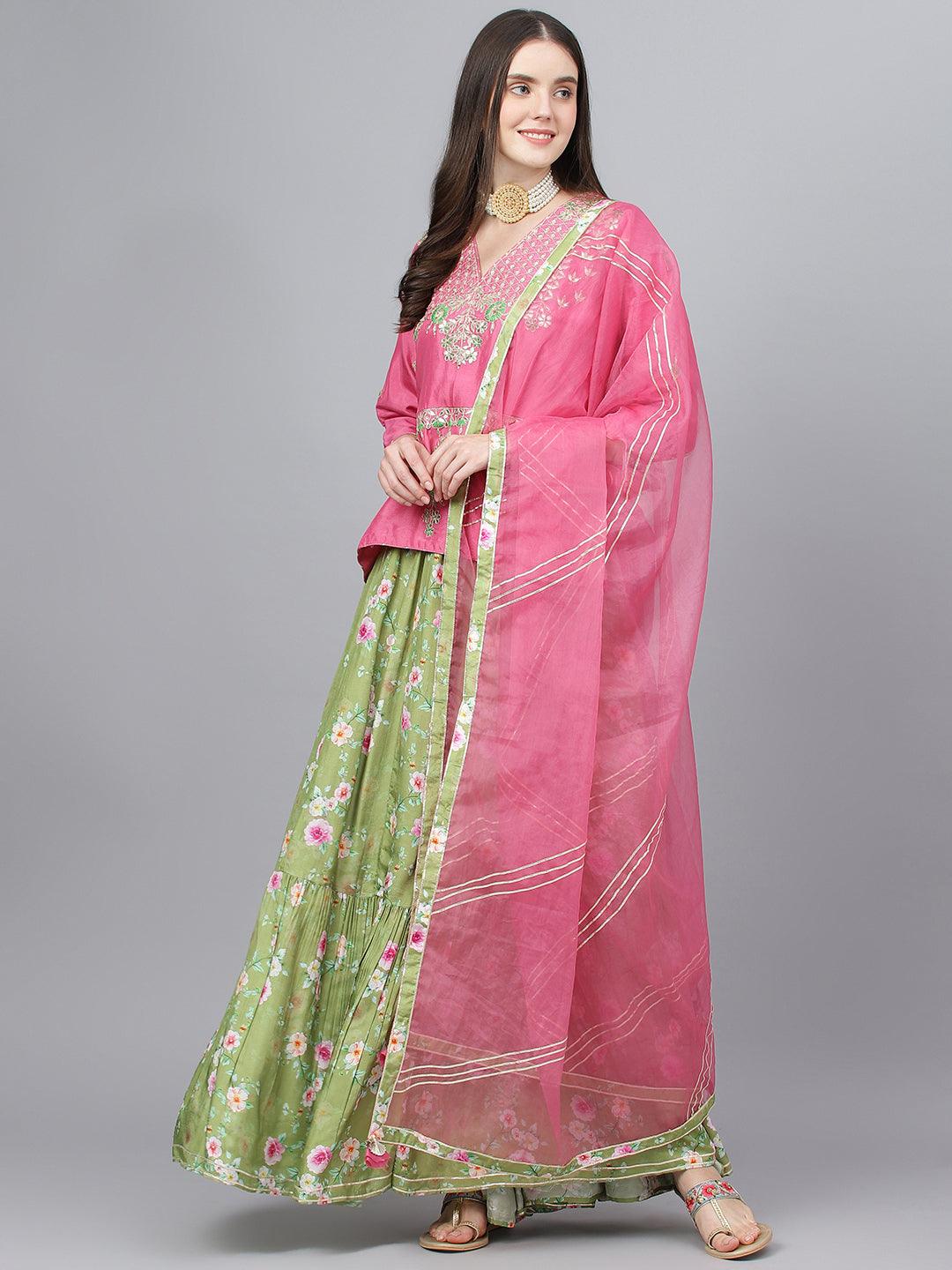 Pink and Green Russian Silk Flared Lehenga Choli Set with Organza Dupatta — view 1