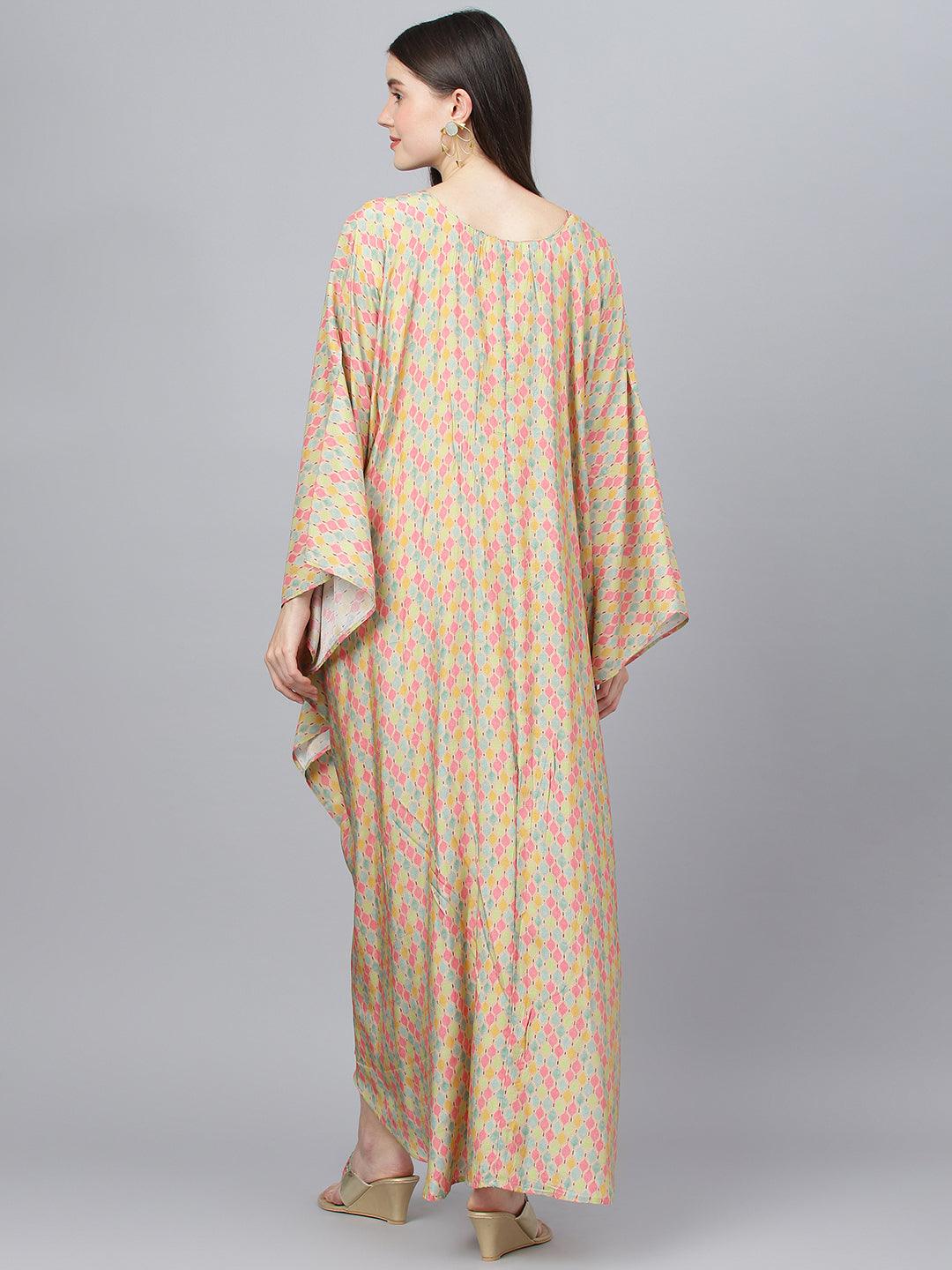 Divena Multi Color Printed Muslin Flared Kaftan Dress - divena world