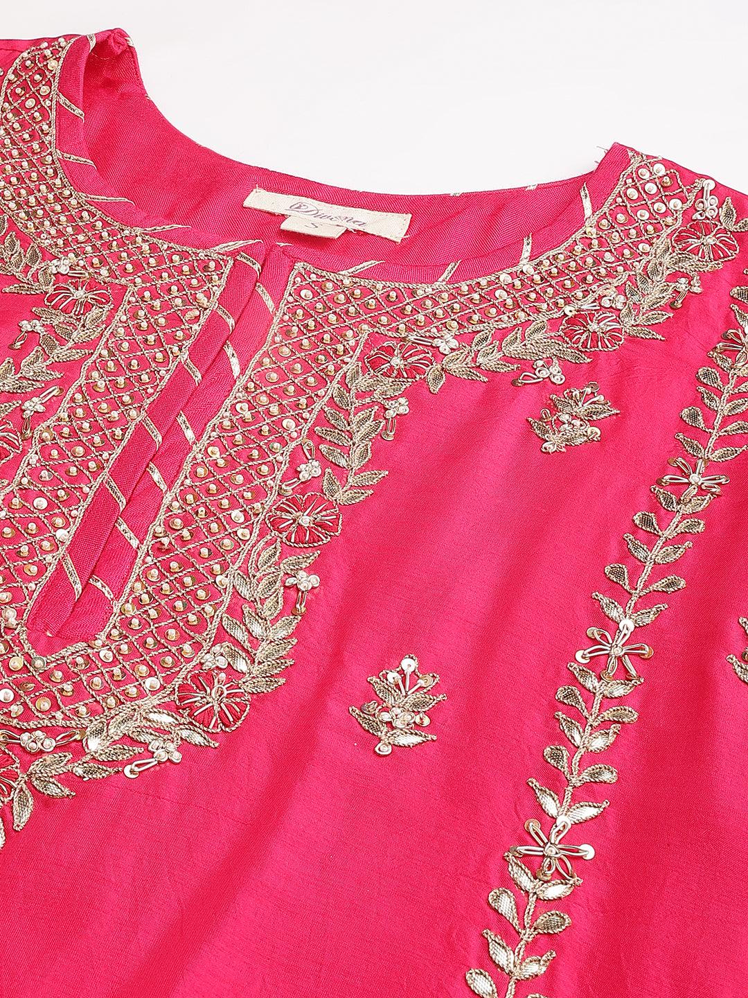 Divena Pink russian silk Hand embroidery Kurta Sharara with Organza dupatta - divena world