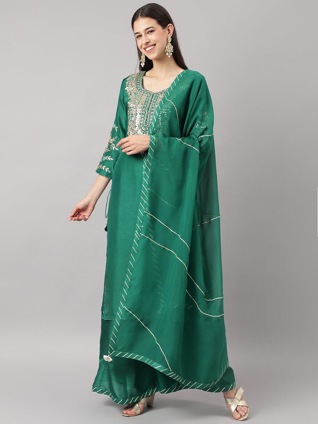 Green uppada silk Hand embroidery Kurta Sharara with Organza dupatta — view 1