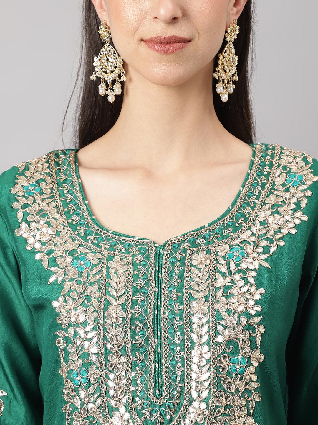 Divena Green uppada silk Hand embroidery Kurta Sharara with Organza dupatta - divena world