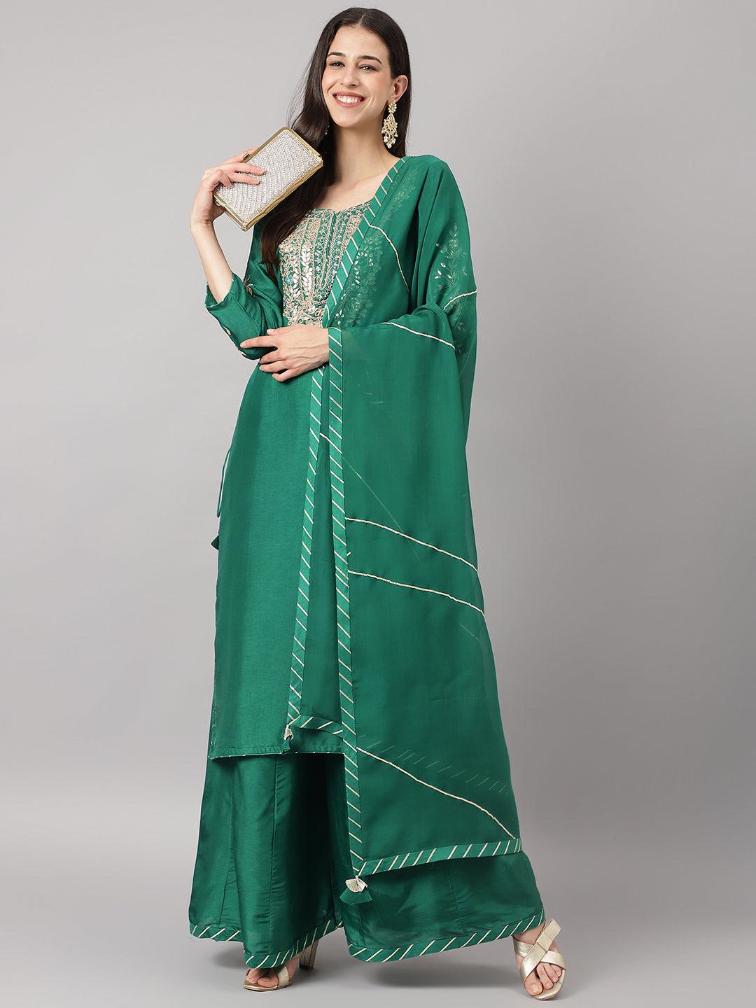 Divena Green uppada silk Hand embroidery Kurta Sharara with Organza dupatta - divena world