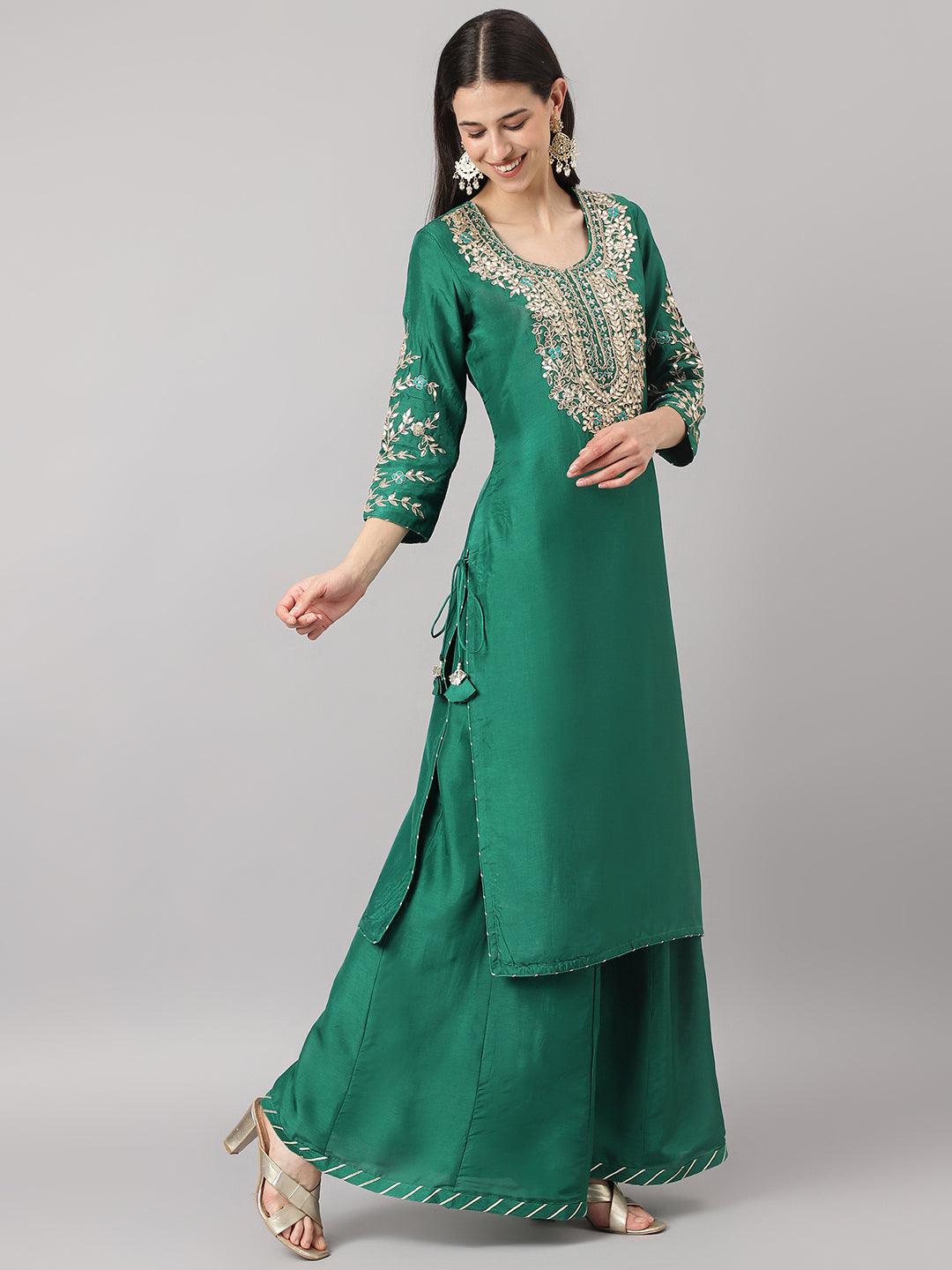 Divena Green uppada silk Hand embroidery Kurta Sharara with Organza dupatta - divena world