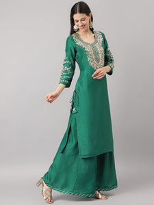 Divena Green uppada silk Hand embroidery Kurta Sharara with Organza dupatta - divena world