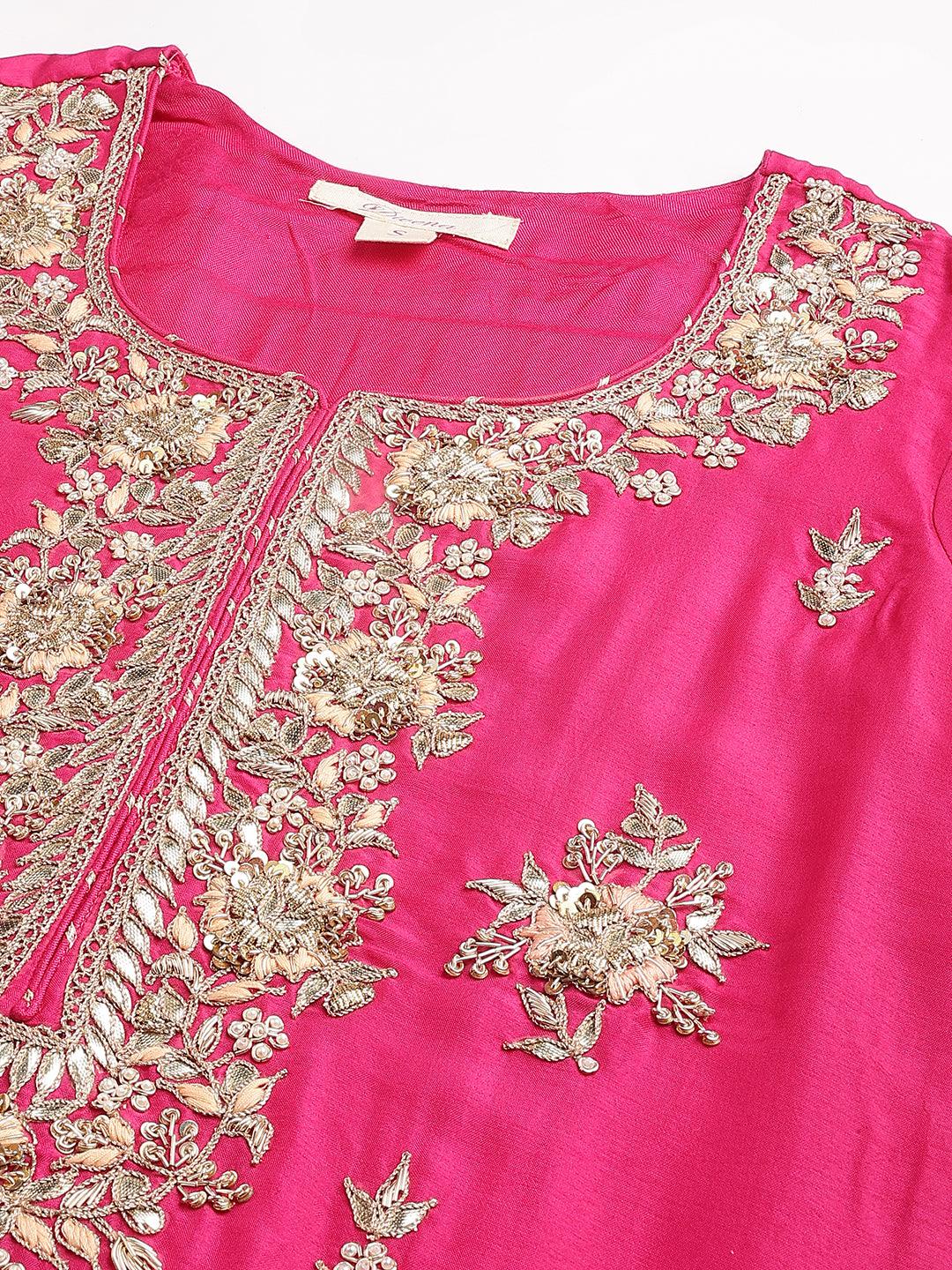 Divena Dark Pink russian silk Hand embroidery Kurta Sharara with Organza dupatta - divena world
