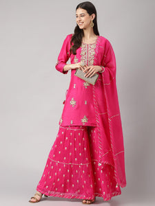 Divena Dark Pink russian silk Hand embroidery Kurta Sharara with Organza dupatta - divena world