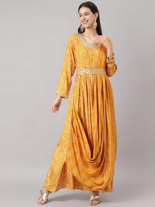 Divena Mustard bandhani Printed Muslin Zari work Drape Style Flared Gown - divena world