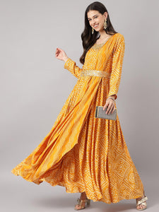 Divena Mustard bandhani Printed Muslin Zari work Drape Style Flared Gown - divena world