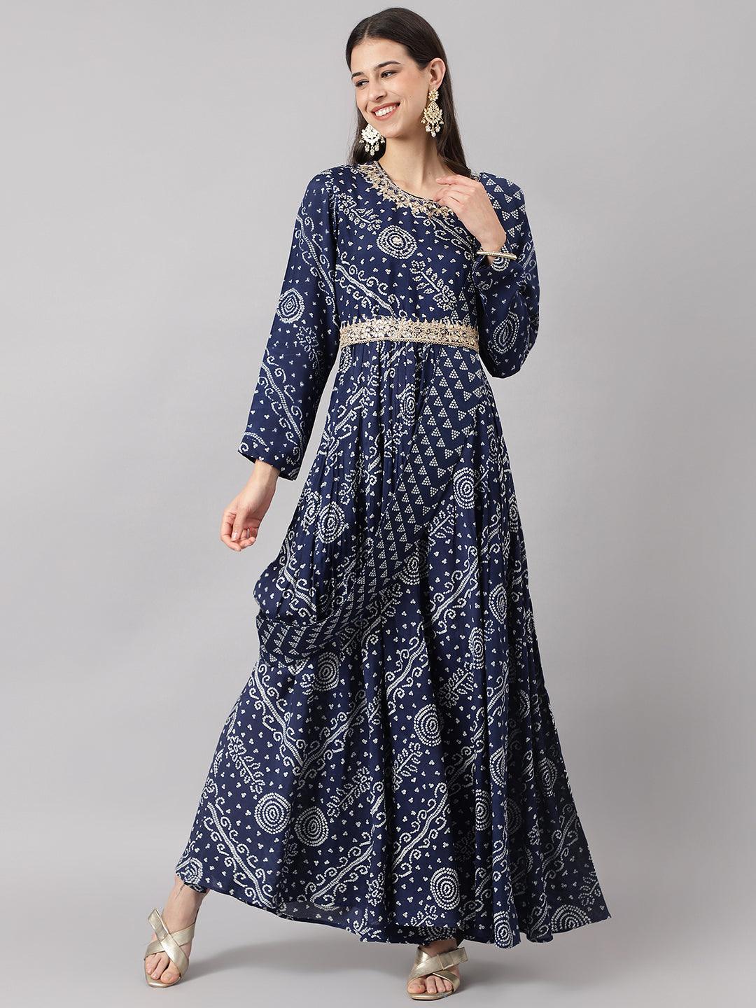Divena Navy Blue bandhani Printed Muslin Zari work Drape style Flared Gown - divena world