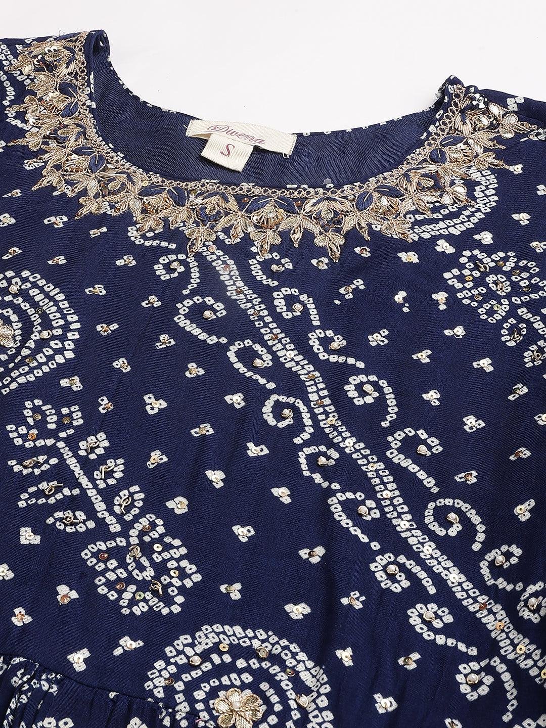Divena Navy Blue bandhani Printed Muslin Zari work Drape style Flared Gown - divena world