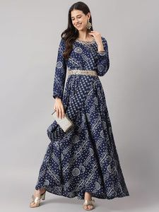 Divena Navy Blue bandhani Printed Muslin Zari work Drape style Flared Gown - divena world