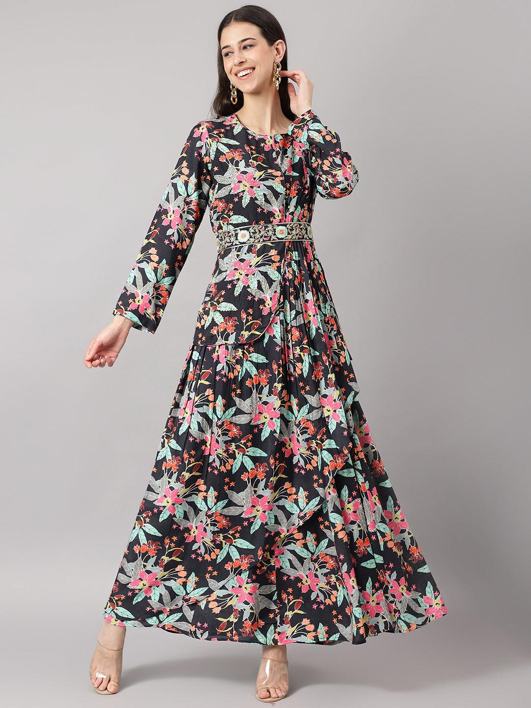 Black Muslin Floral Sequin work with attached Dupatta Flared Gown — view 1