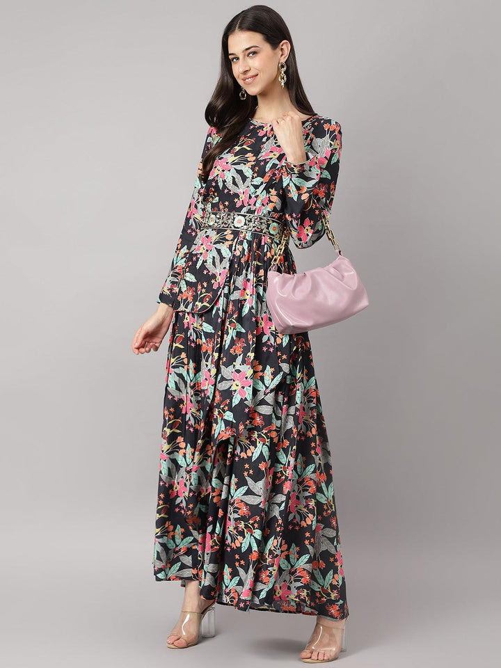 Divena Black Muslin Floral Sequin work with attached Dupatta Flared Gown - divena world
