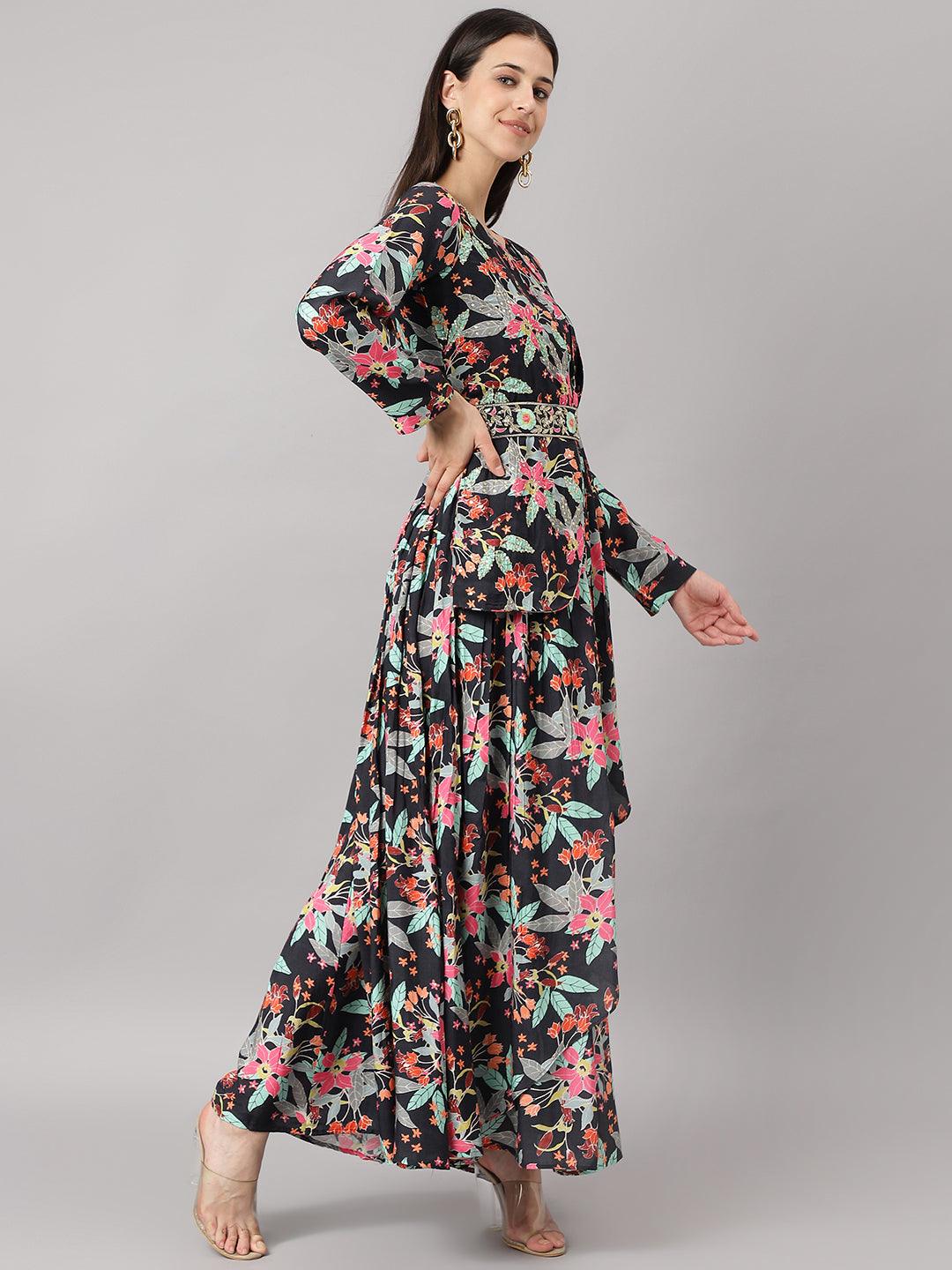 Divena Black Muslin Floral Sequin work with attached Dupatta Flared Gown - divena world