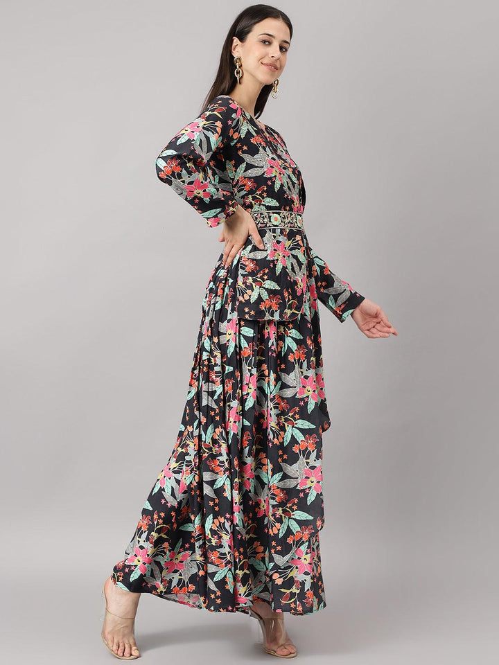 Divena Black Muslin Floral Sequin work with attached Dupatta Flared Gown - divena world