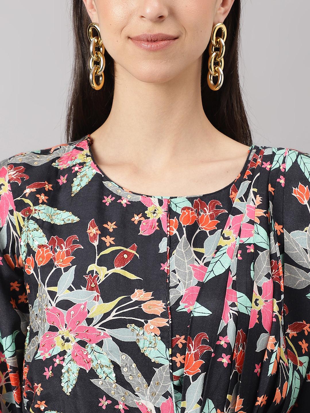 Divena Black Muslin Floral Sequin work with attached Dupatta Flared Gown - divena world