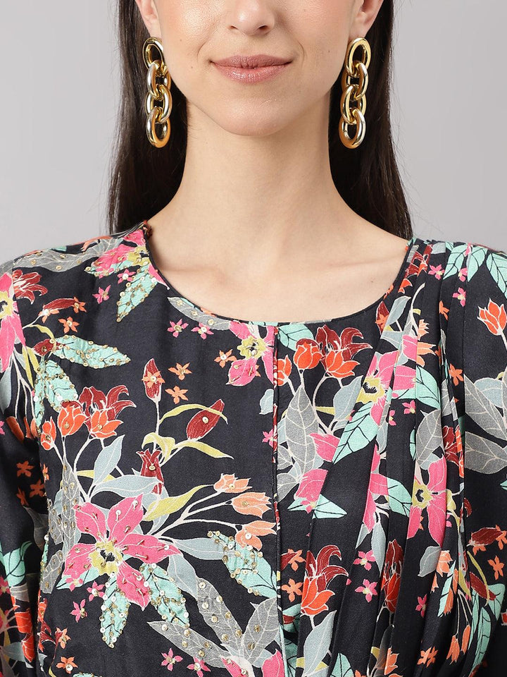 Divena Black Muslin Floral Sequin work with attached Dupatta Flared Gown - divena world