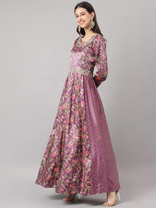 Divena Multi Gaji Silk Floral Sequin work with Dupatta Flared Gown - divena world