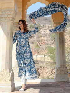 Divena Indigo Blue Cotton Anarkali Kurta Pant Set With Dupatta - divenaworld.com