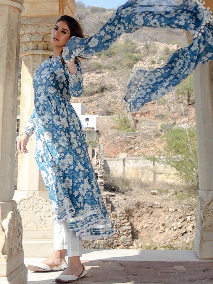Divena Indigo Blue Cotton Anarkali Kurta Pant Set With Dupatta - divenaworld.com