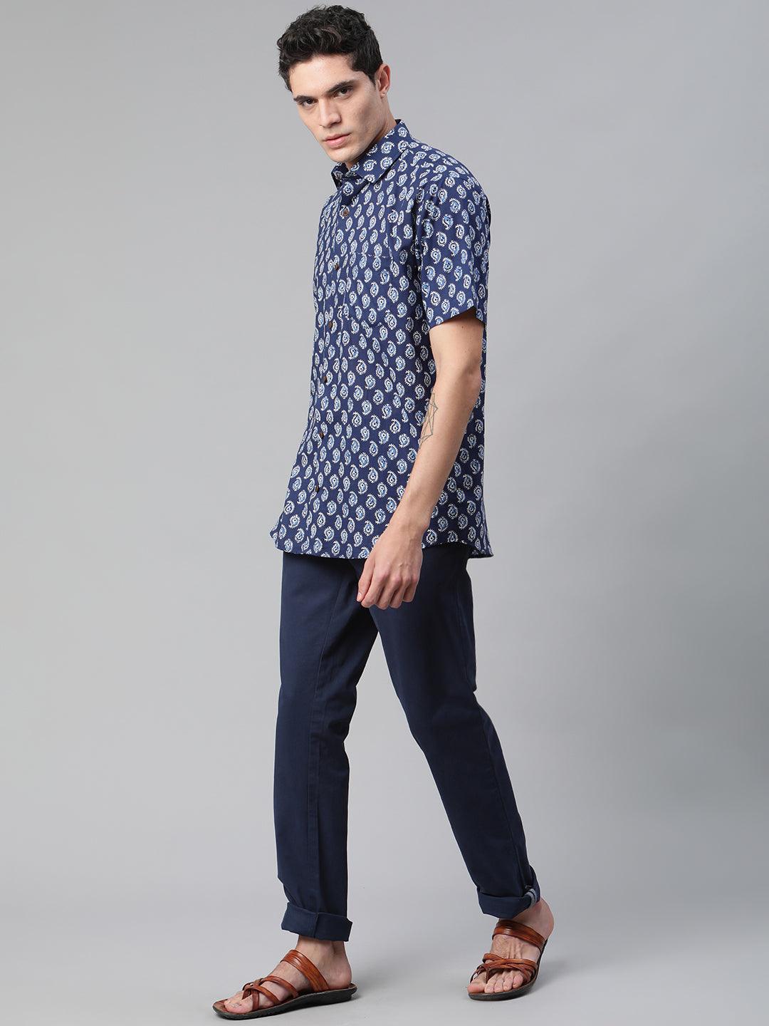 Millennial Men Indigo Blue & White  Cotton  Half Sleeve Shirt for Men-MMH0165 - divenaworld.com