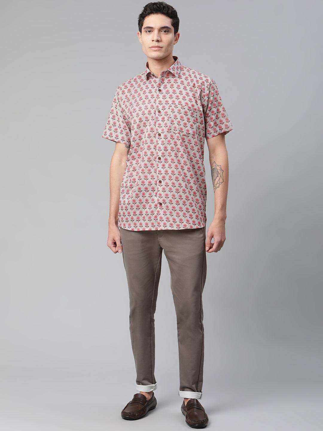 Millennial Men Grey & Pink Cotton  Half Sleeve Shirt for Men-MMH0174 - divenaworld.com