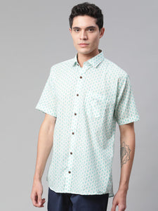 Millennial Men White & Sea Green Cotton  Half Sleeve Shirt for Men-MMH0184 - divenaworld.com
