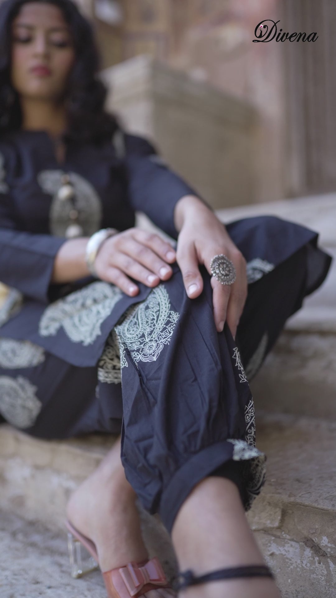 Divena Black Cotton Straight Kurta with Curve Hem Pant set