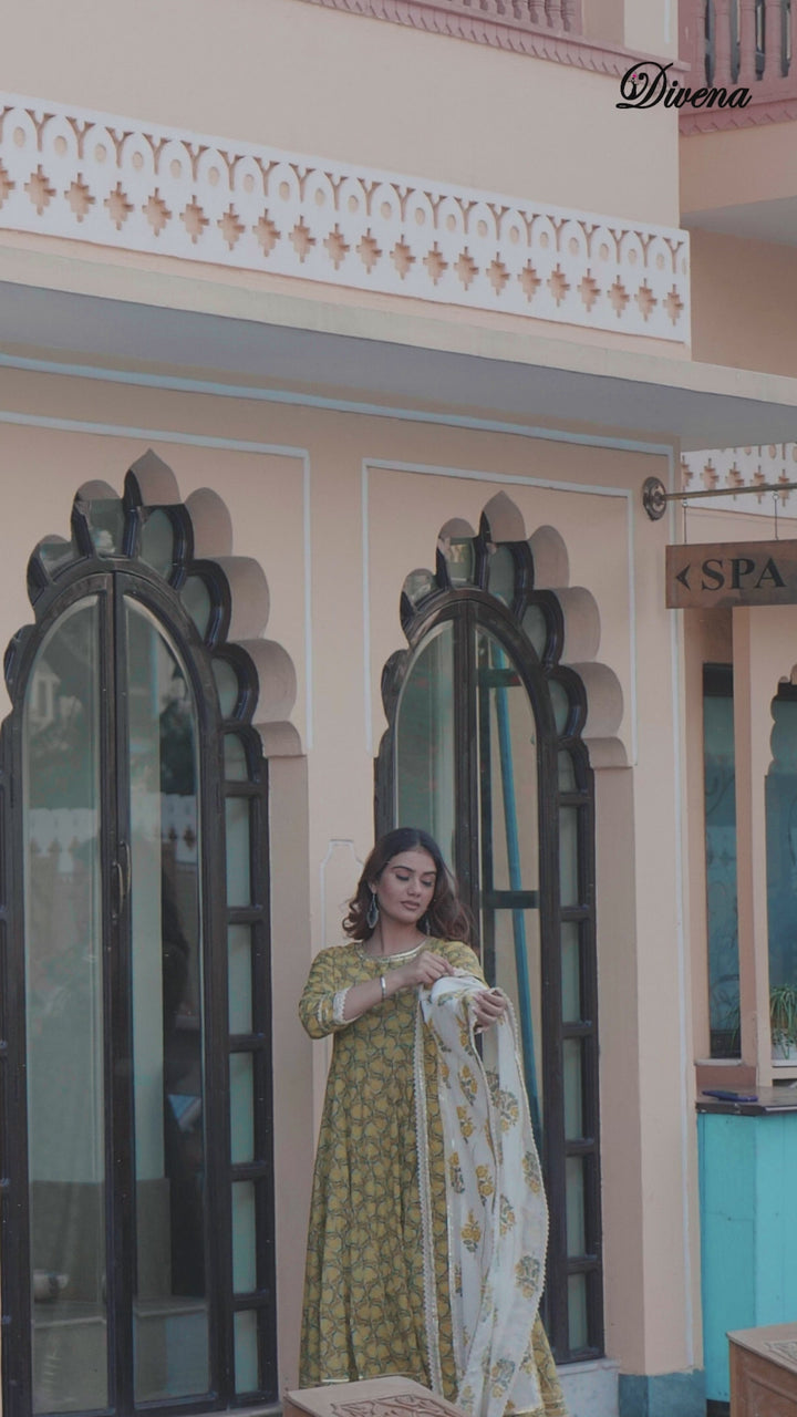 Divena Mustard Cotton Anarkali Kurta Pant Set With Dupatta